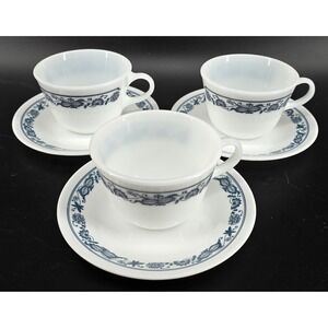 Set of 3 Vtg Corelle Pyrex Old Town Blue Onion 3 Cups & 3 Saucers Corning Ware